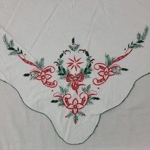 Poinsettia Tablecloth Embroidered Floral XMAS Cutwork Bow Oblong 78&quot; x 60&quot; Vtg - £18.30 GBP