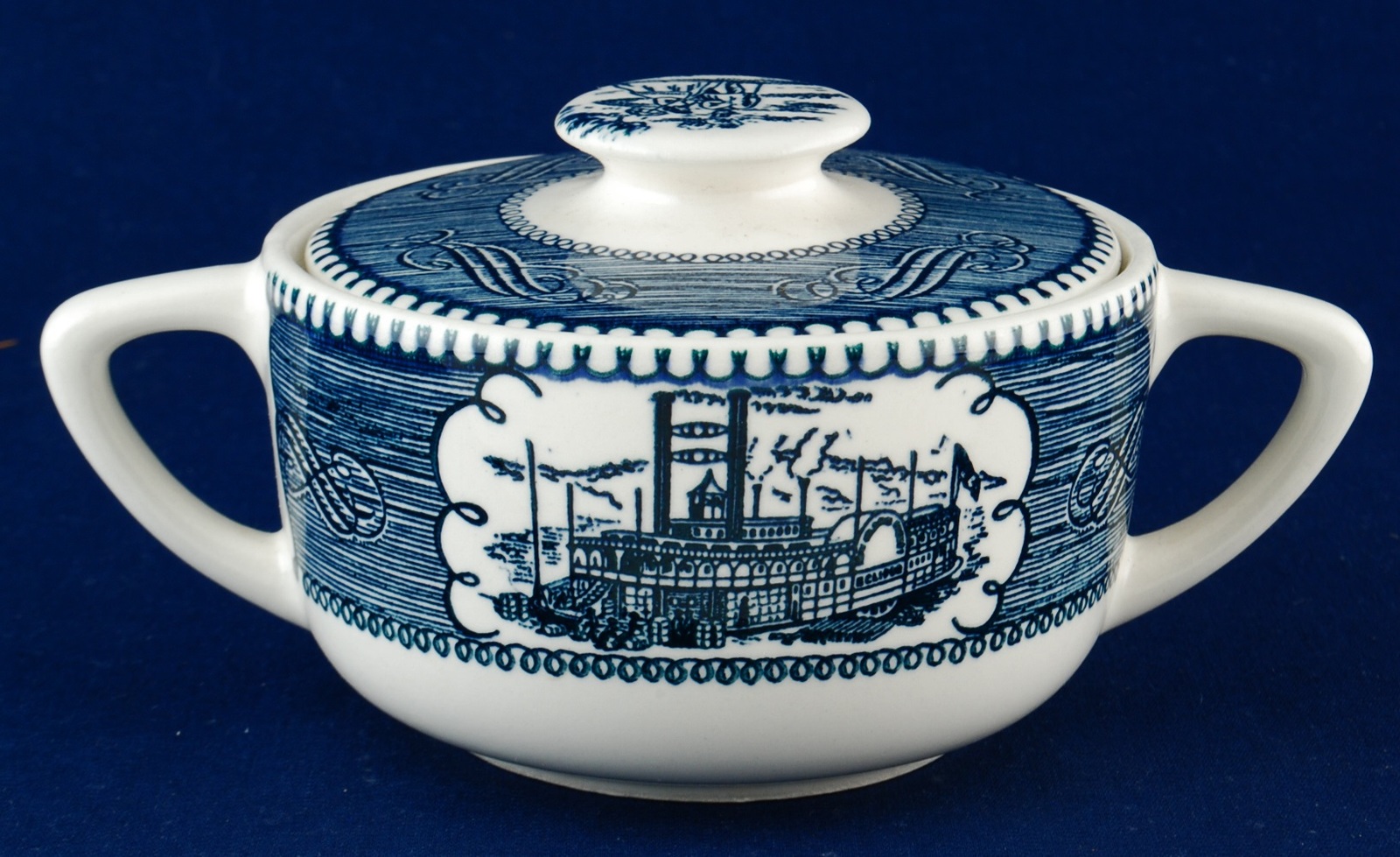 Royal China USA Currier & Ives Blue Sugar Bowl No Lid Paddle Wheel Boat Item image 5