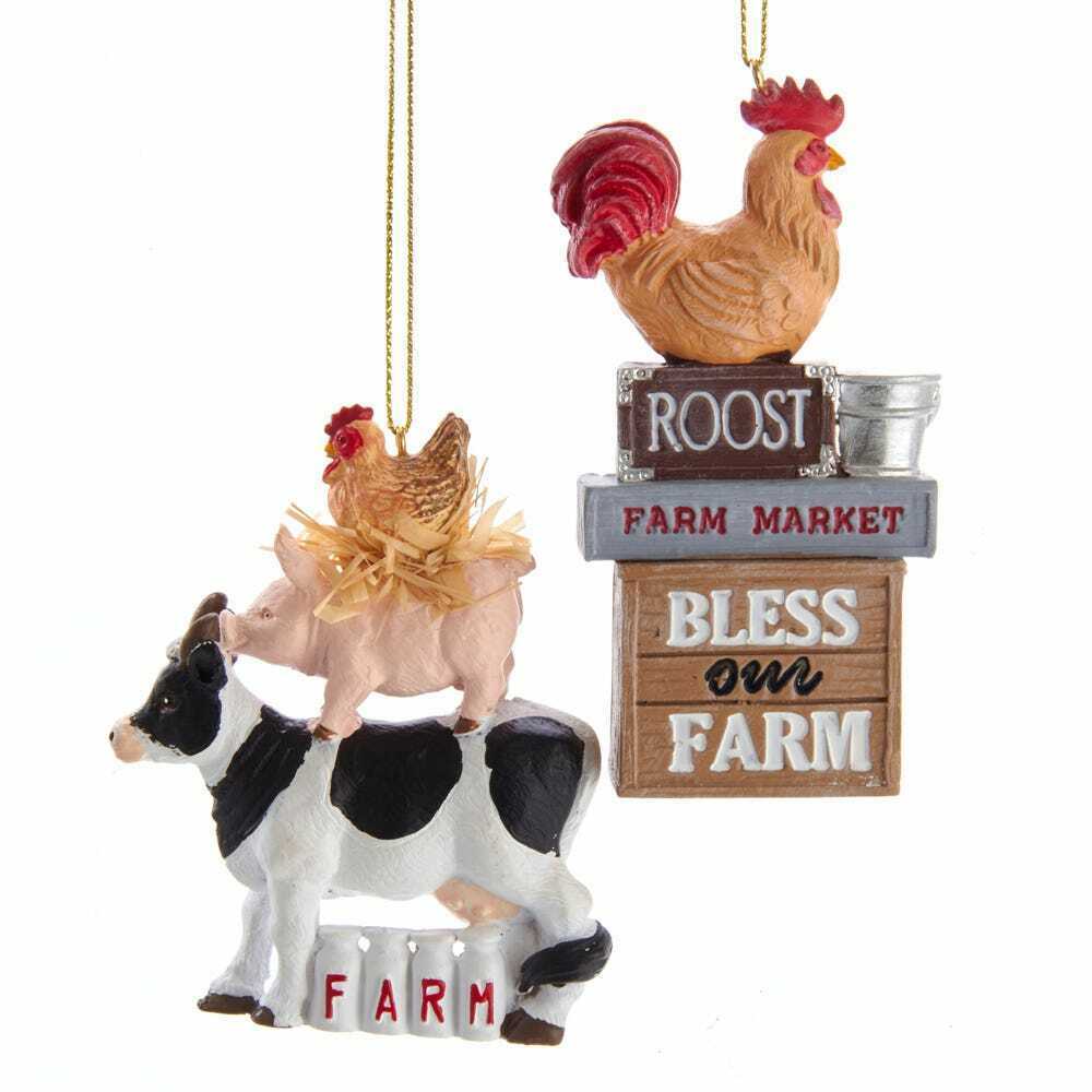 KURT ADLER SET OF 2 FARM ANIMAL w/SAYINGS RESIN CHRISTMAS ORNAMENTS J8541 - $18.88