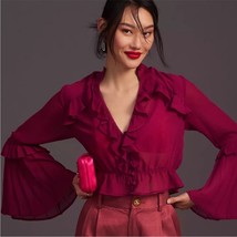 NWT ANTHROPOLOGIE Magenta Sheer V-Neck Ruffle Bell Sleeve Blouse Size Me... - $65.00