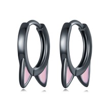 Real 925 Sterling Silver Cat Ear Hoop Earrings For Women Lovely Pink Cute Pet Pa - £17.09 GBP