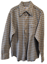 Vintage 70&#39;s Manfit by Campus Men&#39;s Sz L Long Sleeve Polyester Blue Brown Shirt - £16.50 GBP