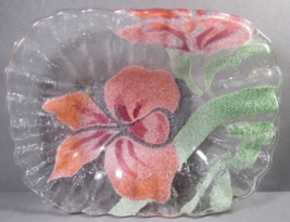 Glass Soap Dish or Trinket Dish Clear Pink &amp; Green Flowers 6.25&quot; x 4.5&quot;. - £6.21 GBP