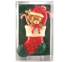 Vintage Enesco Christmas Ornament Teddy Bear in Stocking Candy Canes and Bow - £7.07 GBP