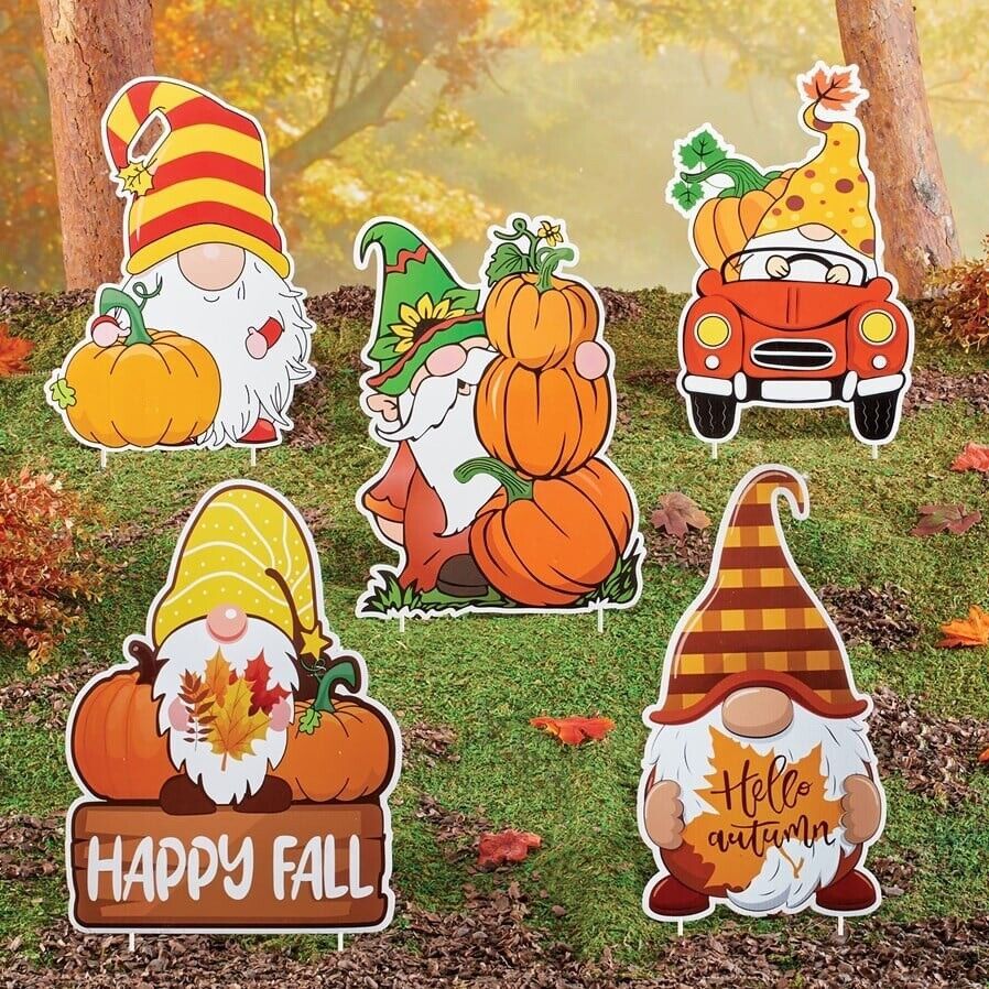 Set of 5 Happy Fall Autumn Garden Gnome Pumpkin Stake Outdoor Plastic Ya... - $15.37