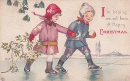 I&#39;m Hoping We Will Have A Happy Christmas Children Iceskating 1918 Postcard D37 - £2.34 GBP