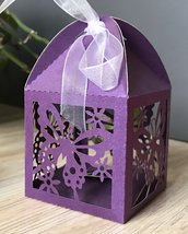 100pcs pearl purple butterfly Laser Cut wedding favor Box with Ribbon,candy box - £27.26 GBP
