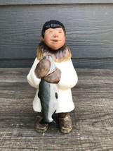 1970 C Alan Johnson TOLLU Inuit Alaska Boy Holding Salmon Fish Figurine Signed - £56.44 GBP