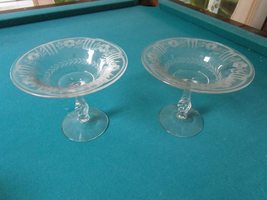 American Pressed Glass 2 Cake Stand Compote Swirl Pattern Etched Flowers - $104.85