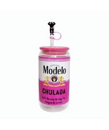 Modelo Chulada Clear Glass Tumbler Cup 16 oz UV DTF Pink Design Glass Straw - £15.49 GBP