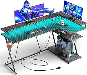 L Shaped Gaming Desk With Led Lights &amp; Power Outlets, 63 Reversible Corn... - $259.99