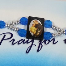  Silver Tone Wired Blue Lucite Bead 7&quot; Bracelet St Anthony Pray for Us M... - $9.29