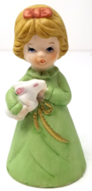 Blonde Hair Girl Bell Holding Bunny Rabbit Green Dress Porcelain Vintage - £9.62 GBP