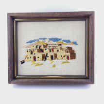 Finished Crewel on Linen Pueblo Houses Mountains 9.75x11.75 Wood Frame - $28.84