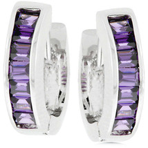 Silvertone Rhodium Plated Brass Purple Emerald-Cut Cubic Zirconia Hoop Earrings - $26.00