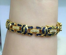 Gold Plated 925 Silver   9.24Ct Round Simulated  Blue Sapphire Bracelet - £137.51 GBP