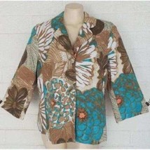 Chico&#39;s Size 2 L Mary Ellen Colorful Floral Garden Sand Teal Cotton Lined Jacket - £13.92 GBP