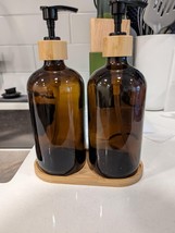 16oz Premium Amber Glass Soap Dispenser Bamboo Tray and Pump (2 Pack 8 L... - $26.27 CAD