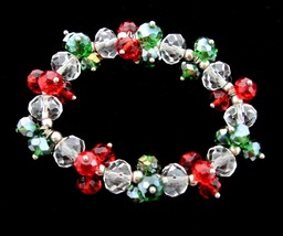 Red Green Groups &amp; Clear Glass Faceted Beads Vintage Bracelet Elastic Stretch - £13.58 GBP