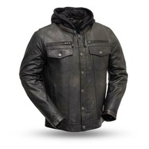 Men&#39;s Biker Leather Jacket Vendetta Scooter Style Banded Collar Snap Firstmfg - £231.80 GBP