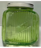 Vintage 1930&#39;s Hoosier Ribbed Green Uranium Depression Glass Cookie Jar ... - £115.99 GBP