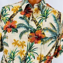 Batik Bay Hawaiian Aloha Shirt L Beige Yellow Hibiscus Palm Trees Floral Vintage - £35.58 GBP