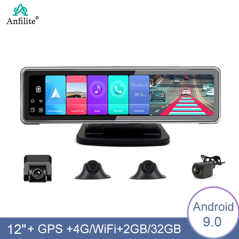 12Inch 4G FHD 1080P Android 9.0 Video Recorder With 4 Cameras 2GB+32GB GPS - £364.16 GBP+