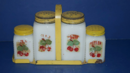 Vintage Set of 4 Milk White Glass Cherry Theme Spice Jars w/ Metal Carry... - £47.21 GBP