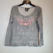 Harley Davidson Womens Shirt Medium Gray Rhinestones Round Neck Long sleeve - £11.06 GBP