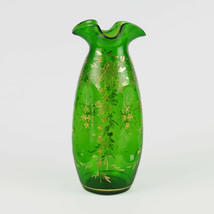 Antique Emerald Green Pinch Vase, Art Nouveau HP Gold Maple &amp; Floral, Blown 11&quot; - £25.91 GBP