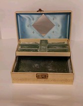 Vintage Light BLUE/GREEN Interior Beige Faux Leather Wrapped Jewelry Box No Key - £14.28 GBP