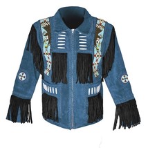 New Western Cowboy Sky Blue Color Suede Leather Black Fringe Men Jacket - £143.87 GBP