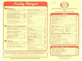 Lucky Burger Menu Military Highway San Antonio Texas - $13.86