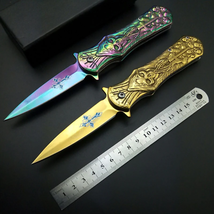 Cross Printing Blade Death Skulls Engraved Pocket Knife - £71.90 GBP