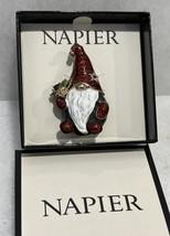 Napier Red Gnome Christmas Enamel Brooch Gold Tone Pin w Box NOS - $43.52