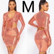 Sexy Pink &amp; Rose Gold Sequin Front Tied Top &amp; Mini Skirt Set~Size M - £32.04 GBP