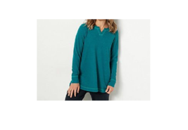 Logo Lounge By Lori Goldstein Cloud Waffle Split Neck Top- Mallard Green, Large - £22.15 GBP