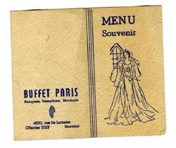 Buffet Paris Wedding Souvenir Menu Montreal Quebec 1945 Canada - $29.67