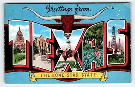 Greetings From Texas Large Big Letter Postcard Linen Horse Cowboy Cattle Horns - £8.57 GBP