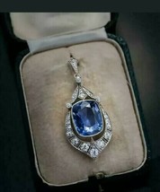 12Ct Cushion Simulated Sapphire &amp; Diamond Vintage Pendant 14K White Gold... - £60.17 GBP