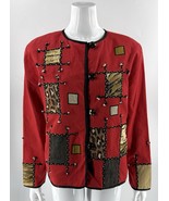 Julia Kim Red Blazer Jacket Size Large Red Leopard Print Patches Shoulde... - $29.70