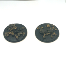 Chalkware Round Plaques 2 Vintage Black &amp; Gold Floral Flower 1973 Miller Studios - £10.89 GBP