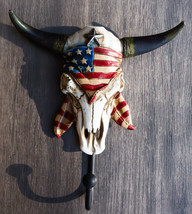 Western Star Patriotic American Flag Cow Skull With Feathers Single Wall Hook - £20.08 GBP