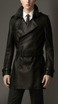 Black Leather Trench Coat Men Over coat Pure Lambskin Slim Size S M L XL XXL - £167.85 GBP