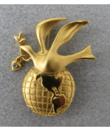 Bird of World Peace Brooch Globe Gold Tone Textured Rhinestone Heart Sig... - $24.74