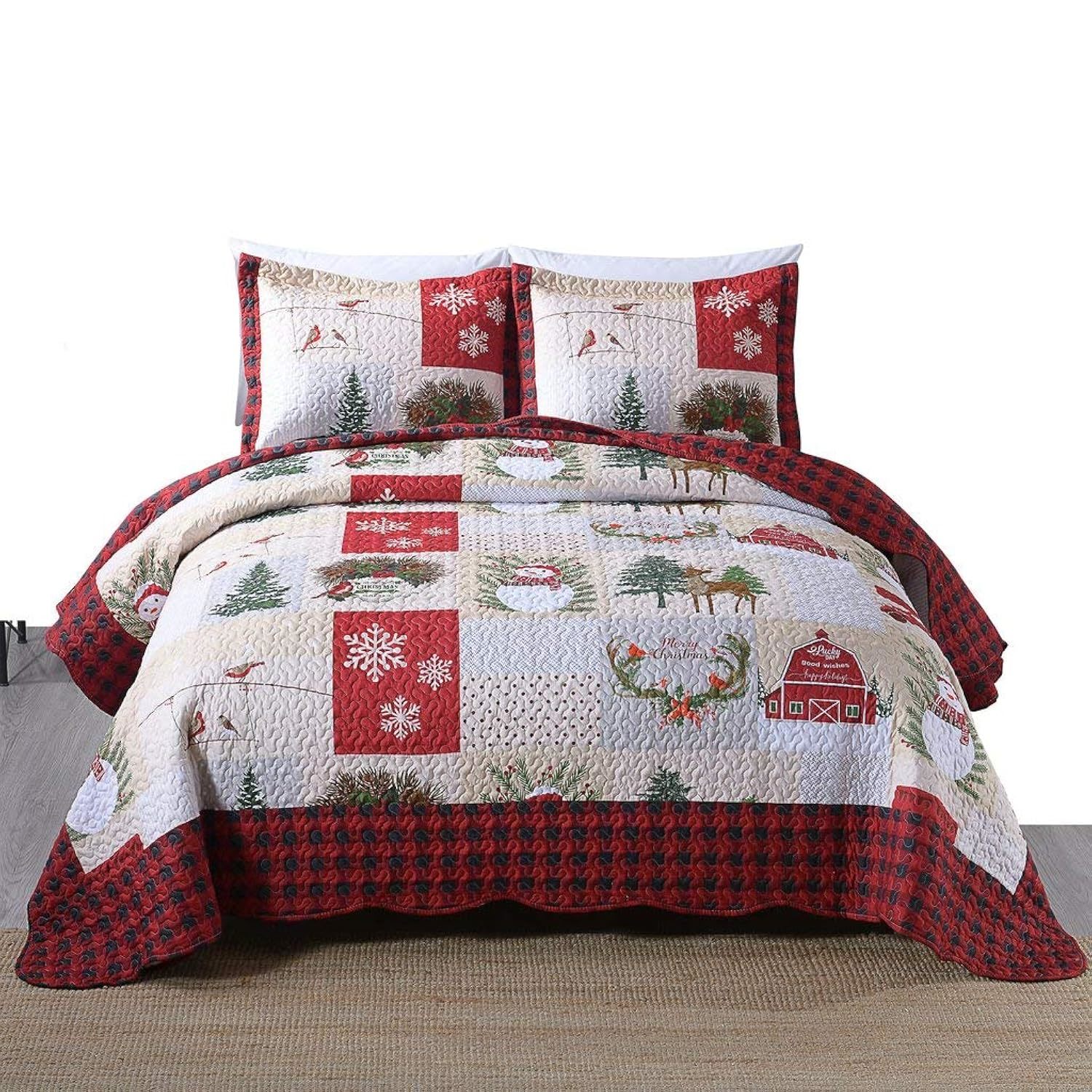 3 Piece Christmas Quilt Set, Rustic Lodge Deer Quilt Bedspread Throw Blanket Lig