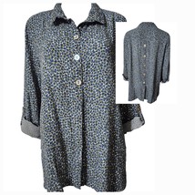 John Mark Womens LARGE Blue Leopard Tunic Blouse Roll Tab Sleeve Shirt Button Up - £27.95 GBP