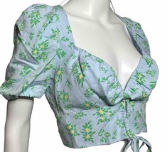 New Zara Cottage Floral Smocked Back Puffy Sleeves Crop Top Large Laced - $16.33