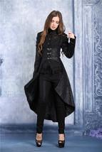 Women&#39;s Long Black Brocade Underbust Goth Coat Metal Front Clasp Dovetai... - $90.18