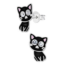 Black Cat 925 Silver Stud Earrings with Crystals - £11.23 GBP